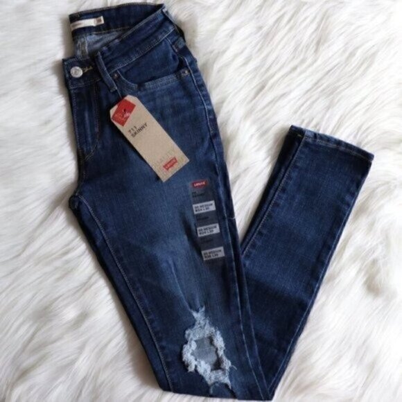 NEW Levis 711 Mid Rise Skinny Jeans Size 24 Dark Blue Wash Distressed - Picture 2 of 6